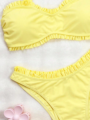 SHEIN Conjunto de Maiô Bikini de Top Cropped e Shorts de Praia com Alça Grossa, Barra Franzida e Cor Sólida, Casual para Verão Feminino