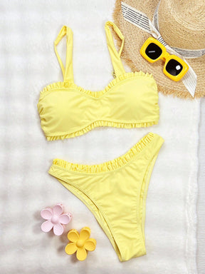 SHEIN Conjunto de Maiô Bikini de Top Cropped e Shorts de Praia com Alça Grossa, Barra Franzida e Cor Sólida, Casual para Verão Feminino