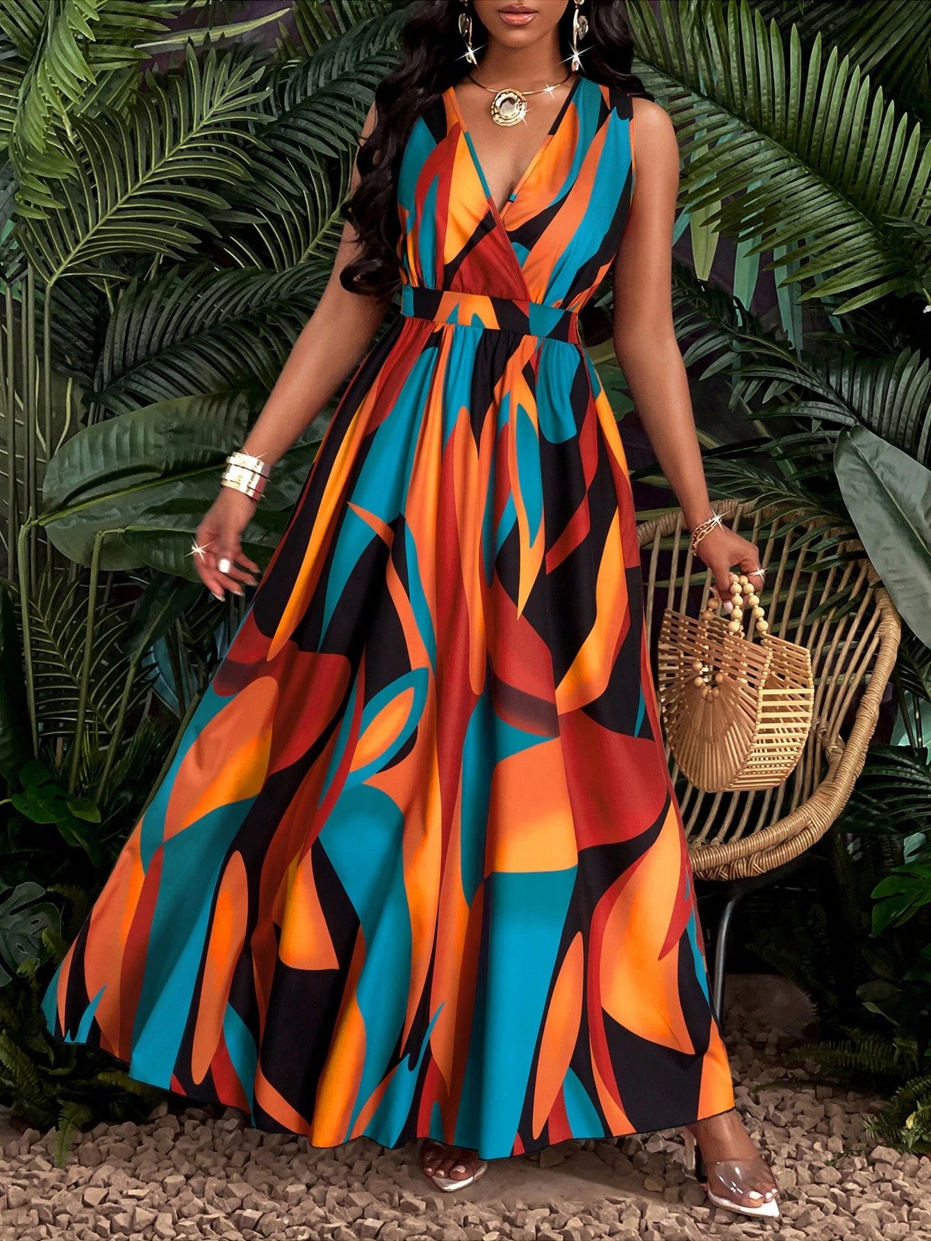 Vestido Longo Com Estampa Tropical
