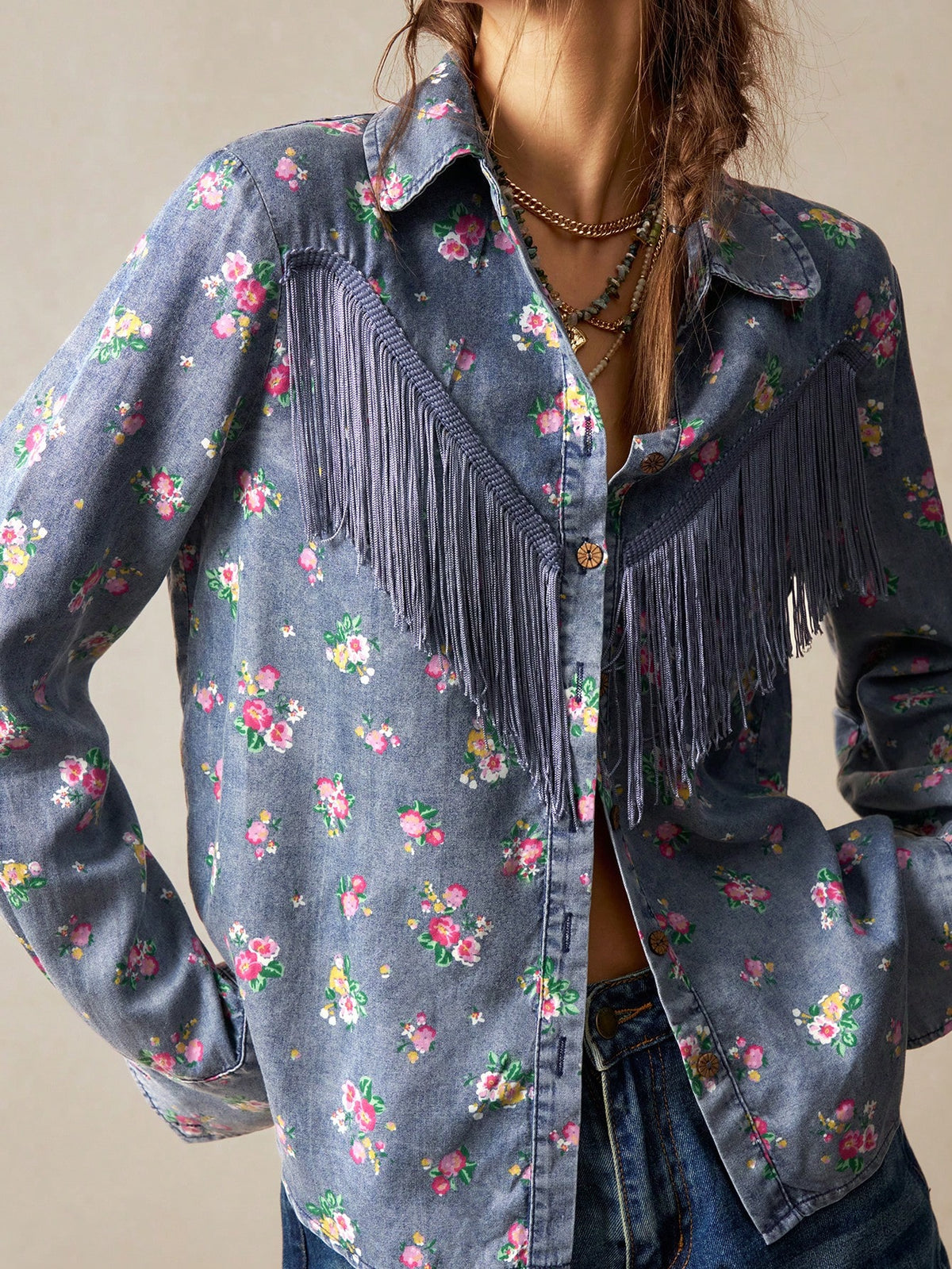Camisa Floral Com Franja Janaina