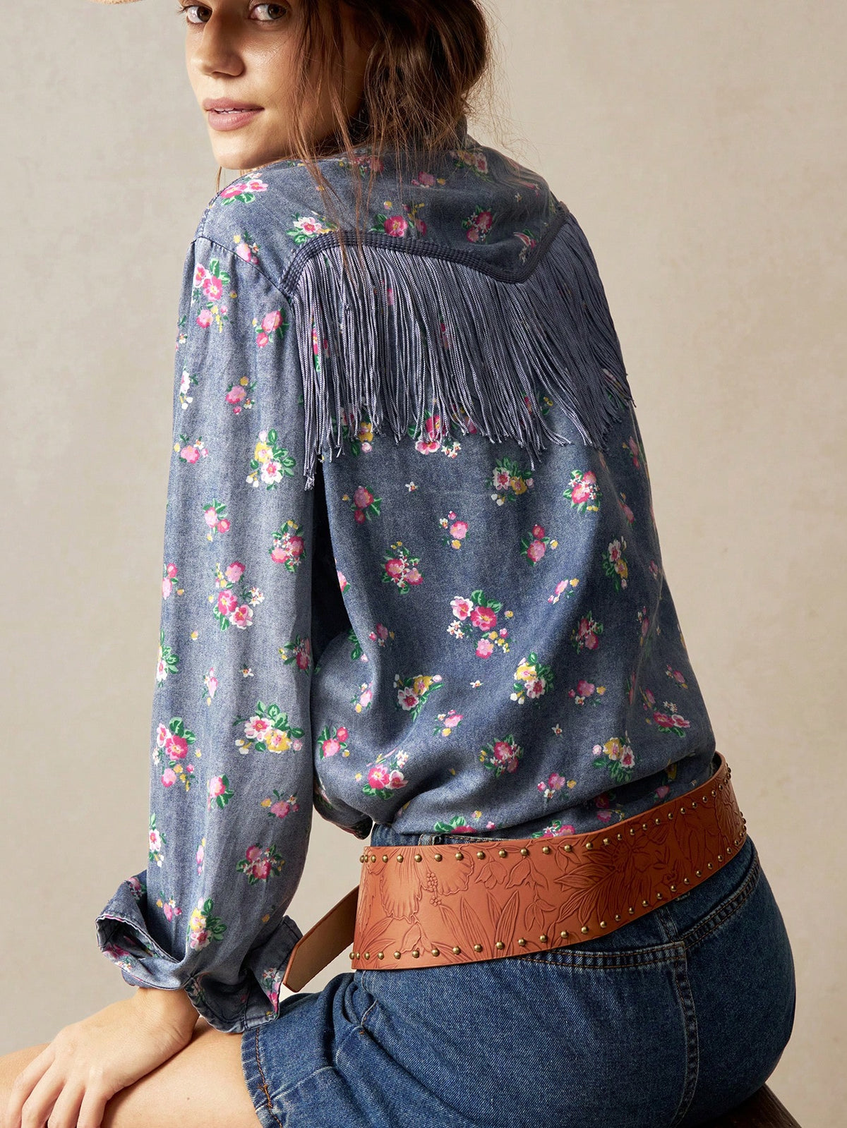 Camisa Floral Com Franja Janaina