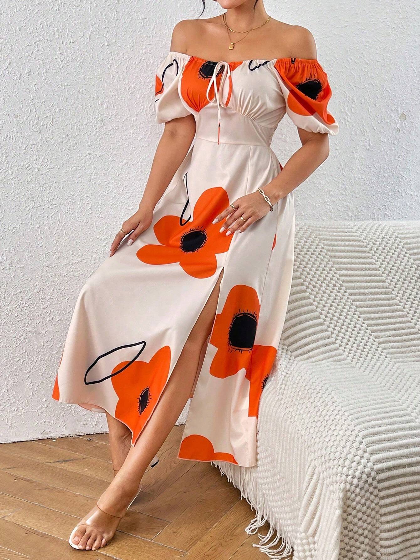 Vestido Floral Elegante com Manga Bufante e Fenda Lateral