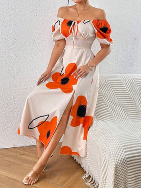 Vestido Floral Elegante com Manga Bufante e Fenda Lateral