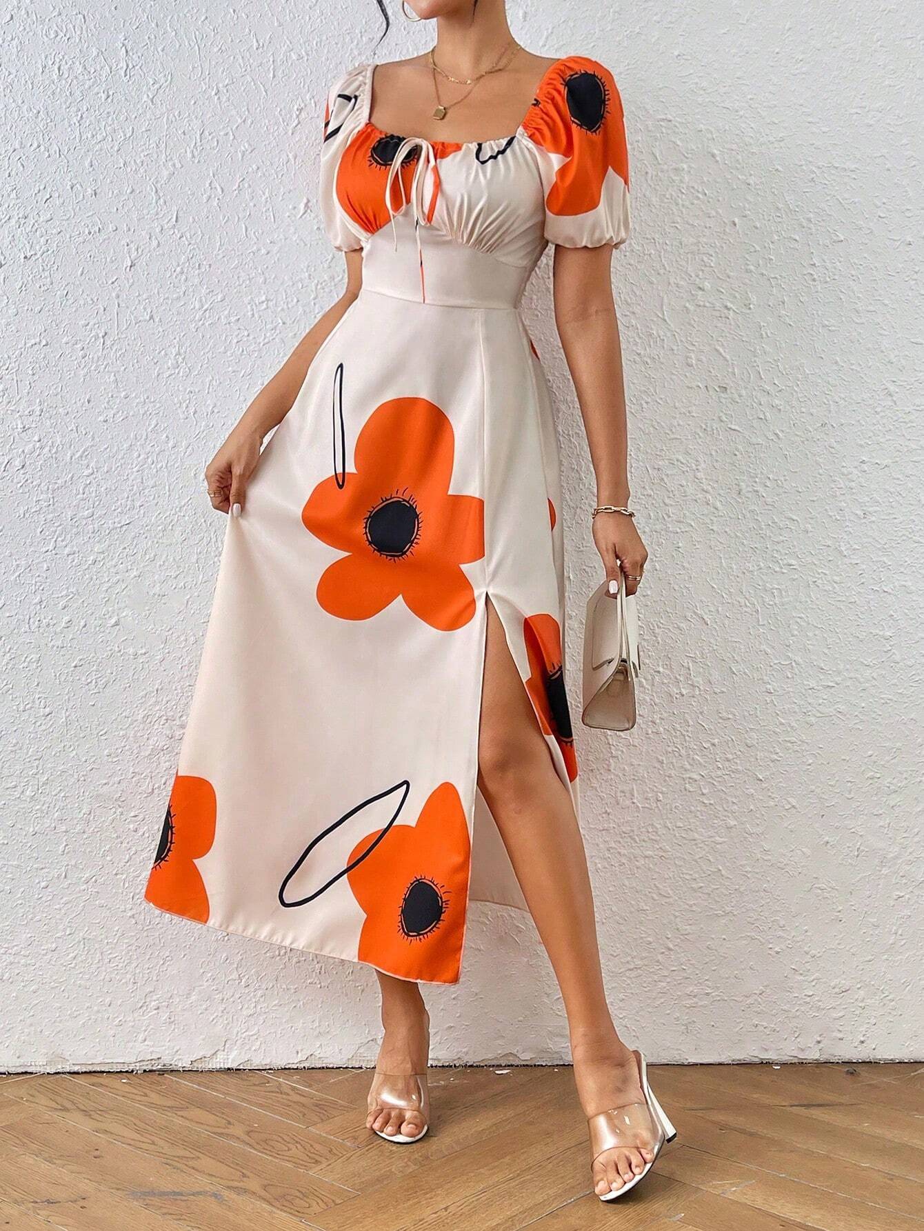 Vestido Floral Elegante com Manga Bufante e Fenda Lateral