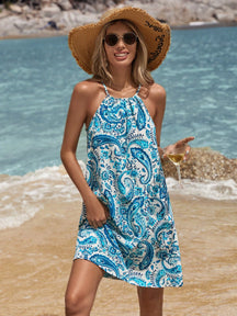 Vestido Frente-Única Boho Azul e Branco