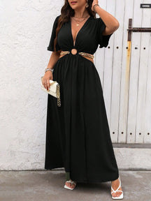 Vestido Casual Plus Size Azul Royal com Gola V Profunda