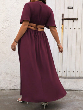 Vestido Casual Plus Size Azul Royal com Gola V Profunda