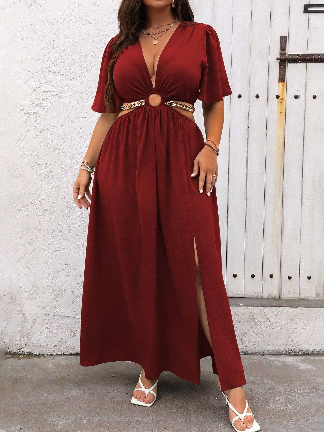 Vestido Casual Plus Size Azul Royal com Gola V Profunda