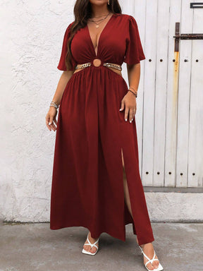 Vestido Casual Plus Size Azul Royal com Gola V Profunda