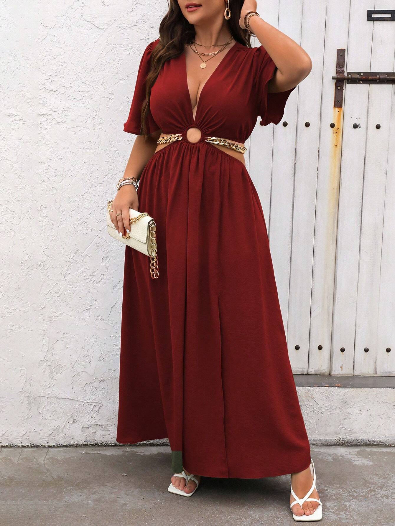 Vestido Casual Plus Size Azul Royal com Gola V Profunda